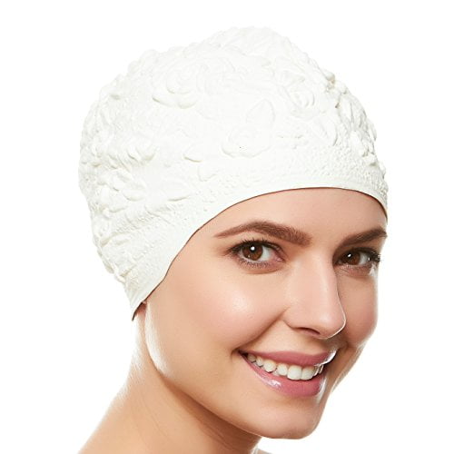 Beemo Swim Bathing Caps for Women Latex Swim Hat Triple Flowers Long/Short Hair 